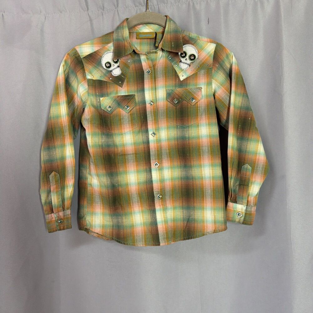 Wrangler Youth Medium Plaid Button Down Embroidered Skull Western Rodeo Shirt
